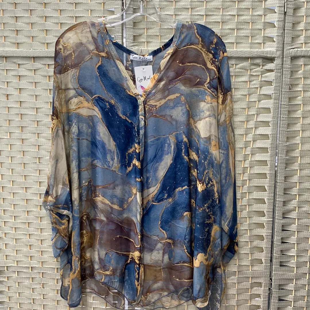 Marble Print 2Pc BD Dolman Silk Blouse-Blue