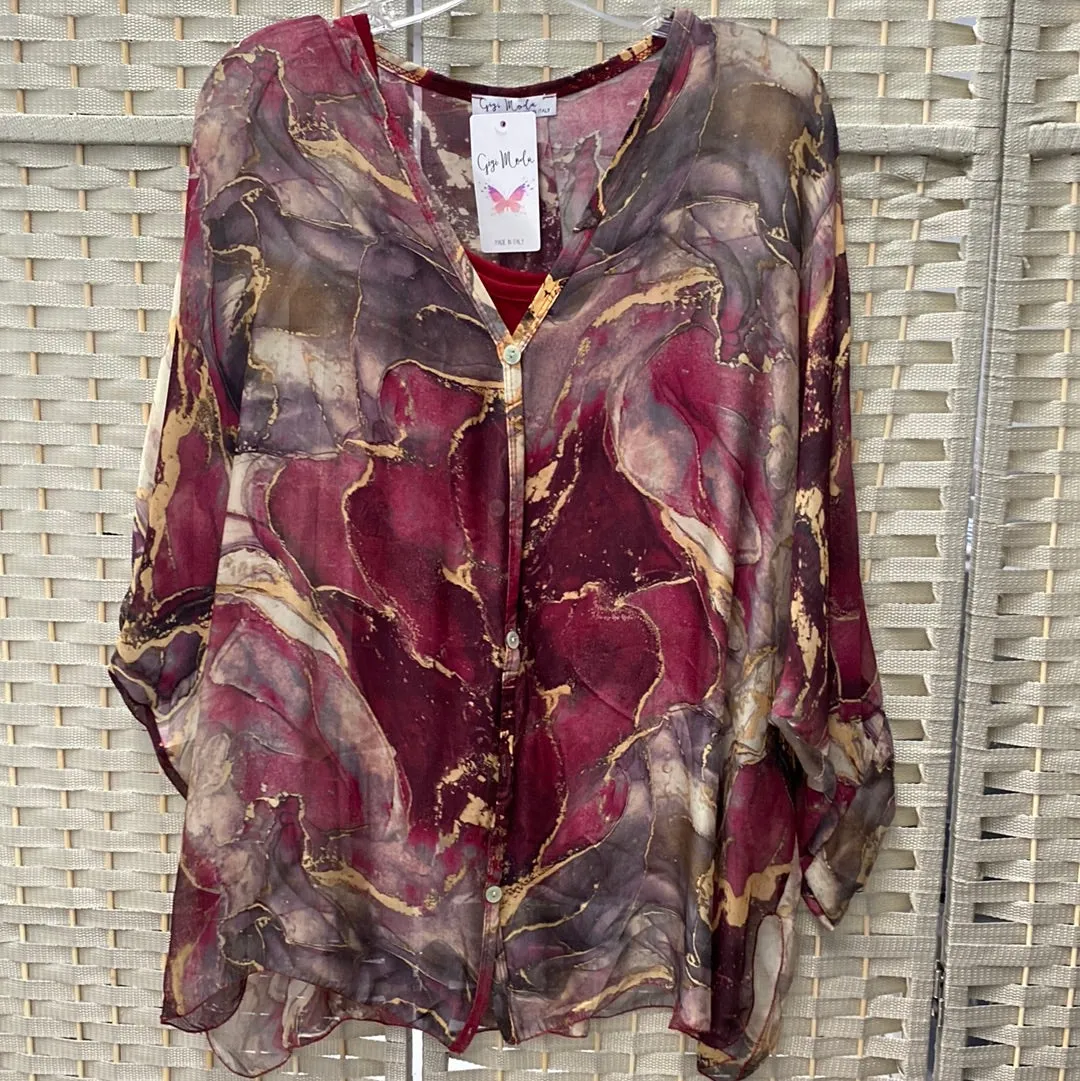 Marble Print 2Pc BD Dolman Silk Blouse-Burgundy