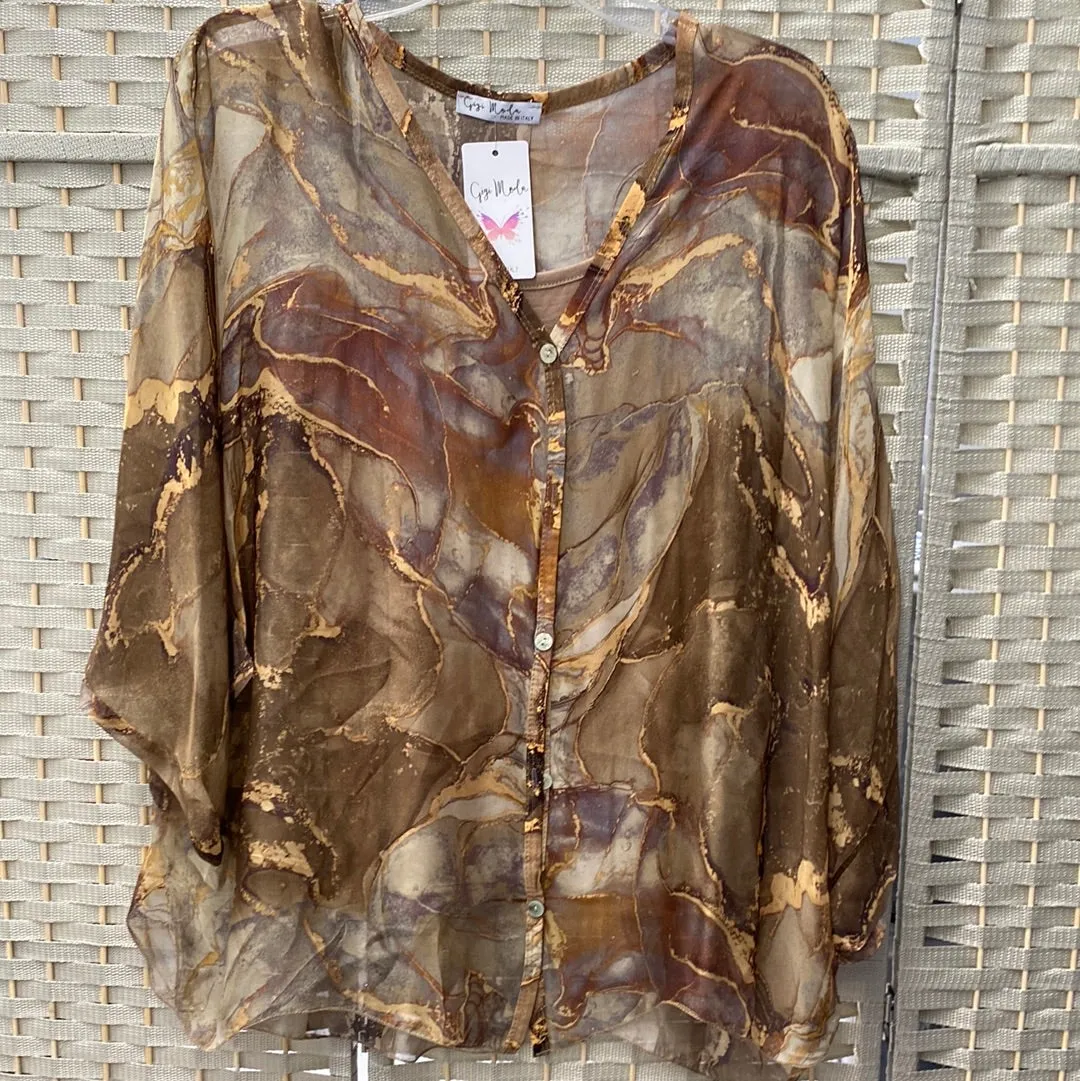 Marble Print 2Pc BD Dolman Silk Blouse-Camel