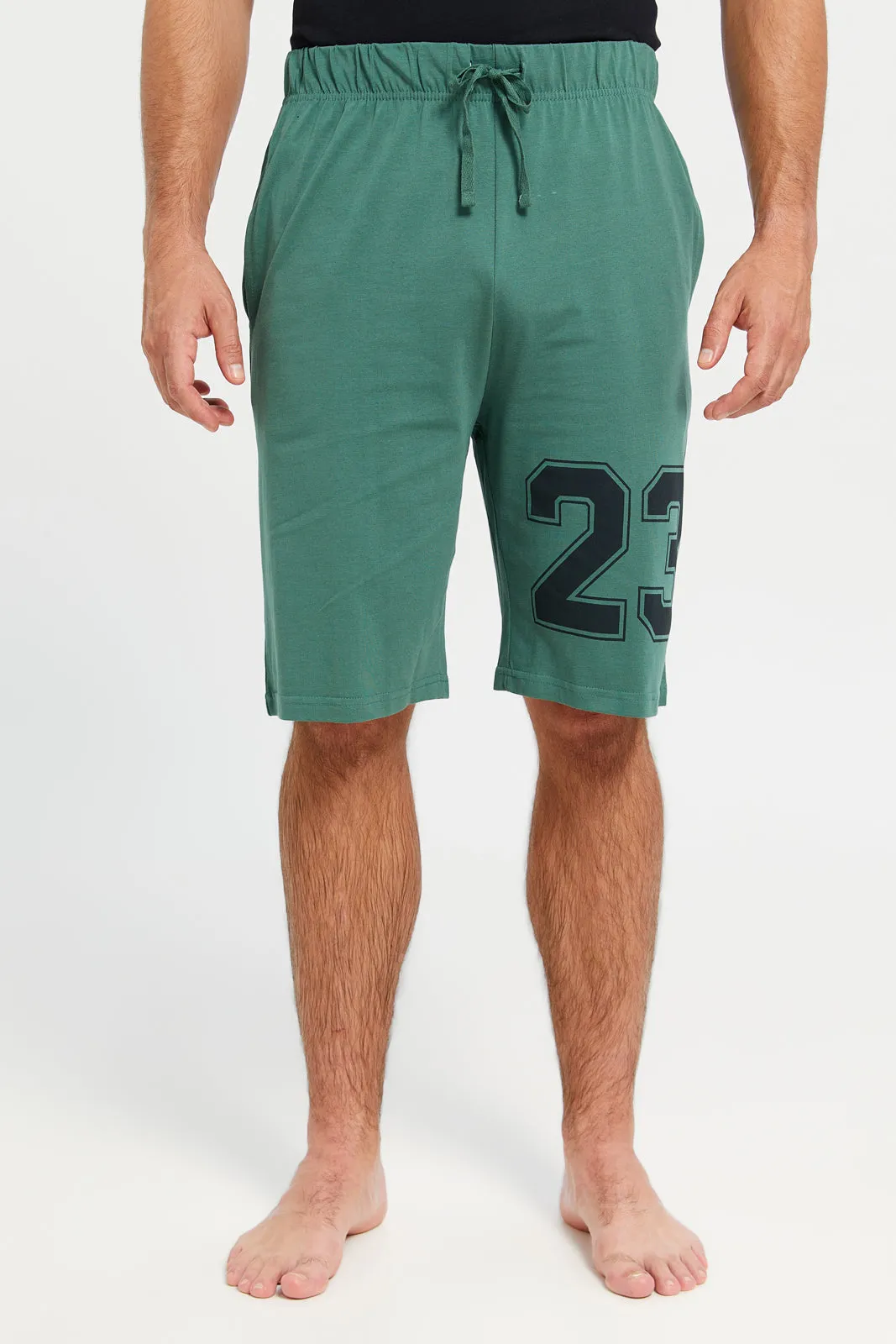 Men Black T-Shirt And Green Shorts Pyjama Set (2 Piece)