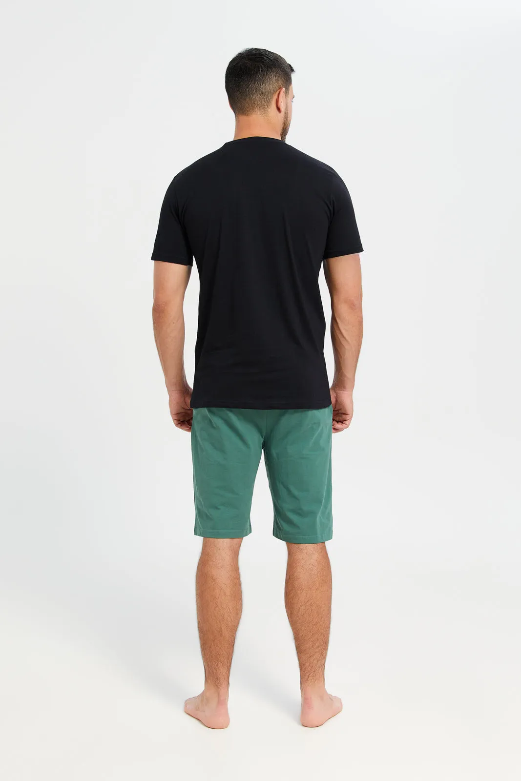 Men Black T-Shirt And Green Shorts Pyjama Set (2 Piece)