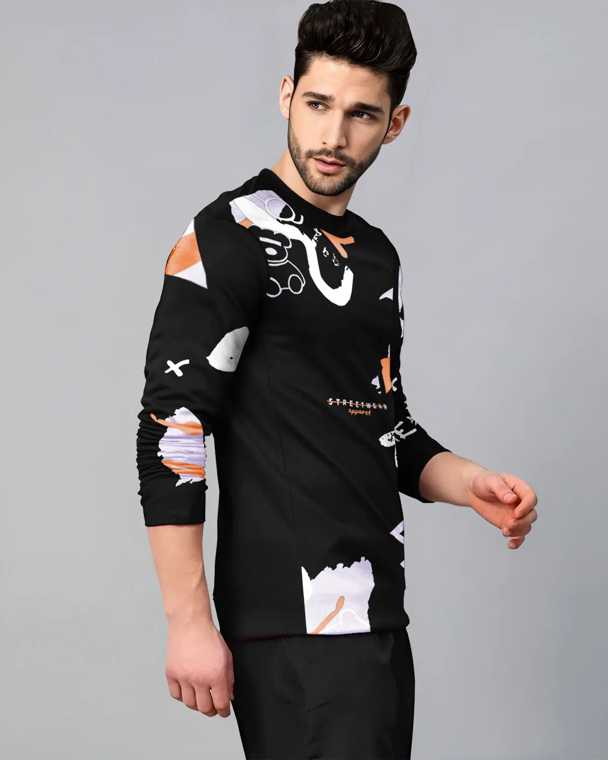 Men Full Sleeve Black Abstract Design T-shirt