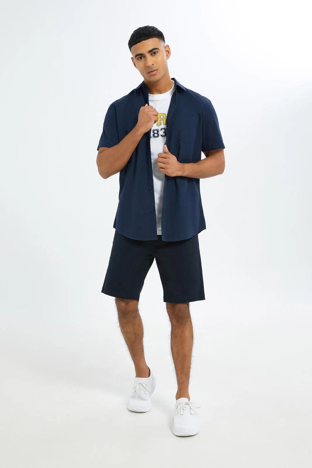 Men Navy And White Shirt Set (2 Piece)