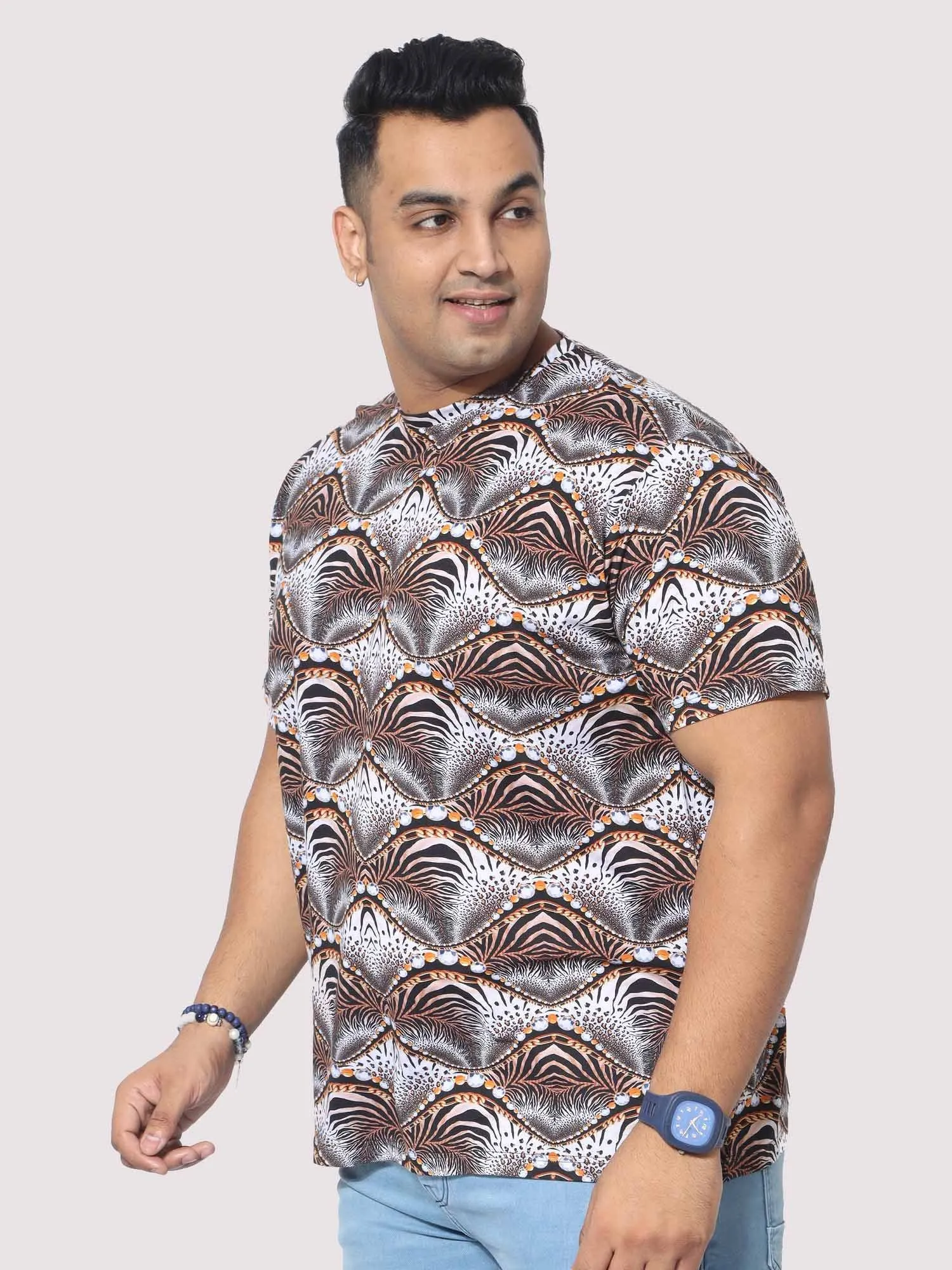 Men Plus Size Waves Abstract Digital Printed Round Neck T-Shirt