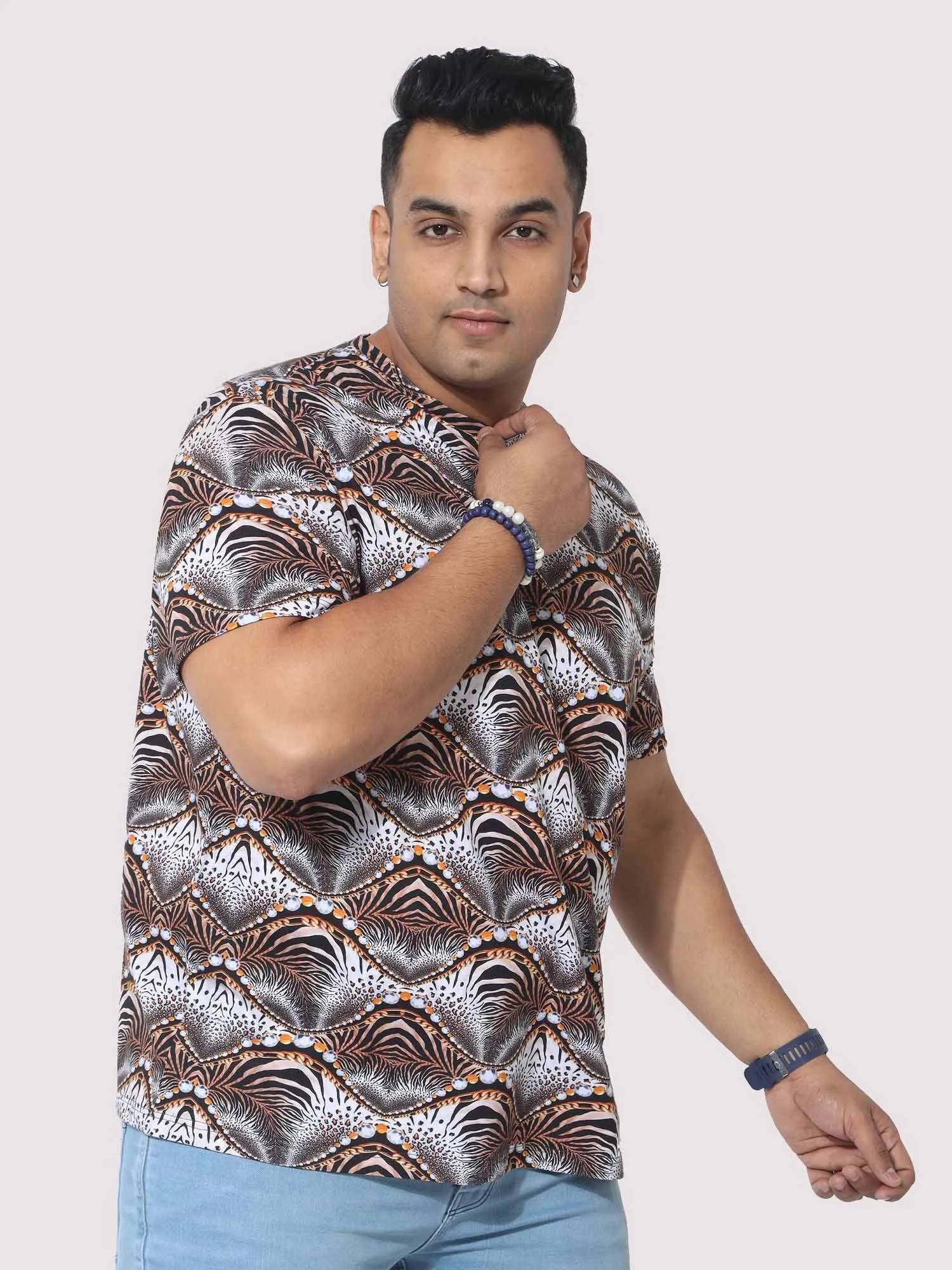 Men Plus Size Waves Abstract Digital Printed Round Neck T-Shirt