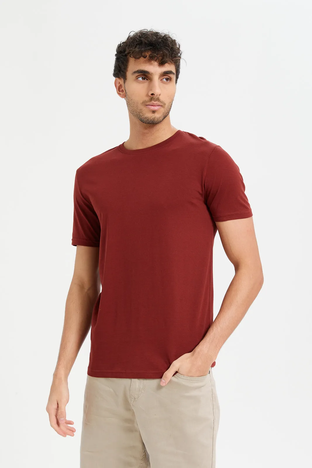 Men Red Plain Round Neck T-Shirt