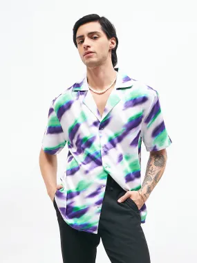 Men White Abstract Short Sleeves Satin Shirt