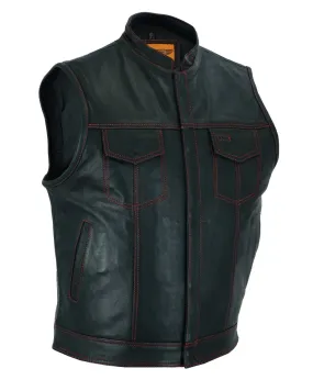 Men's Black Premium Naked Cowhide Leather CLUB VEST with Red Stitching