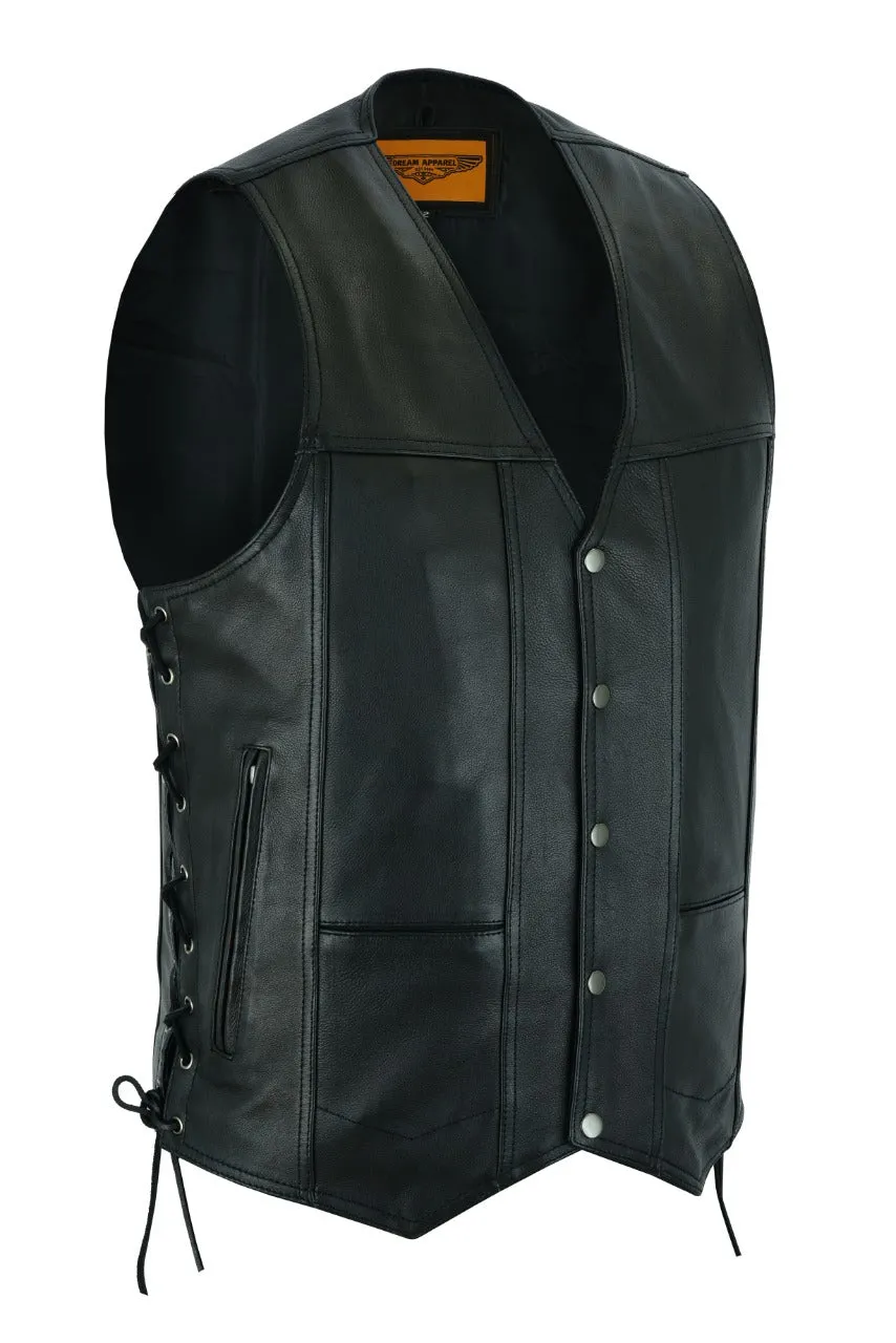 Mens Leather Vest With Concealed Carry & Side Laces 10 pockets Side Laces