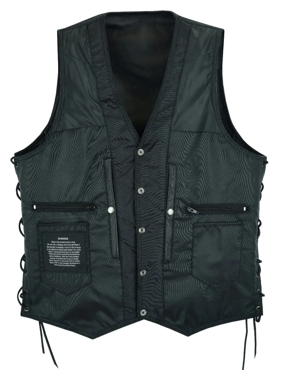 Mens Leather Vest With Concealed Carry & Side Laces 10 pockets Side Laces