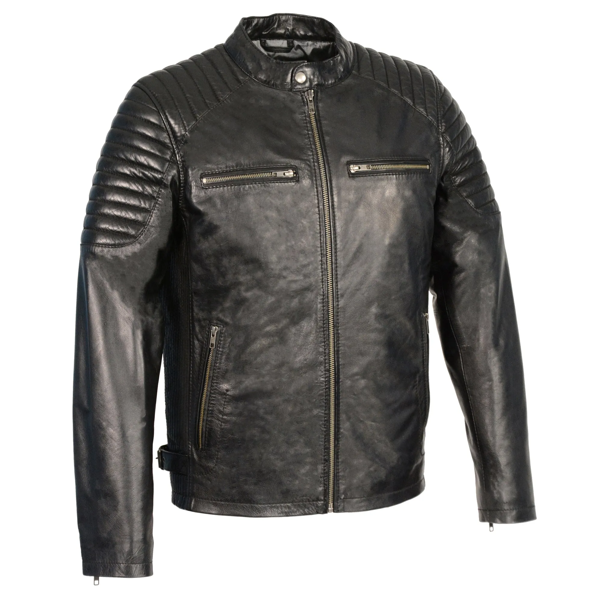 Men's Snap Collar Leather Jacket w/ Quilted Shoulders