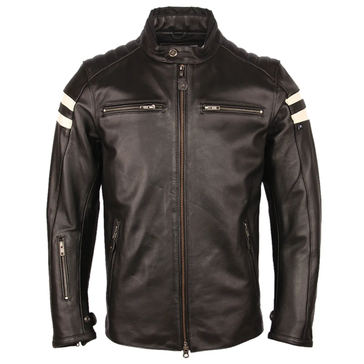 Men's Stylish Cafe Racer White Stripped Black Genuine Leather Jacket