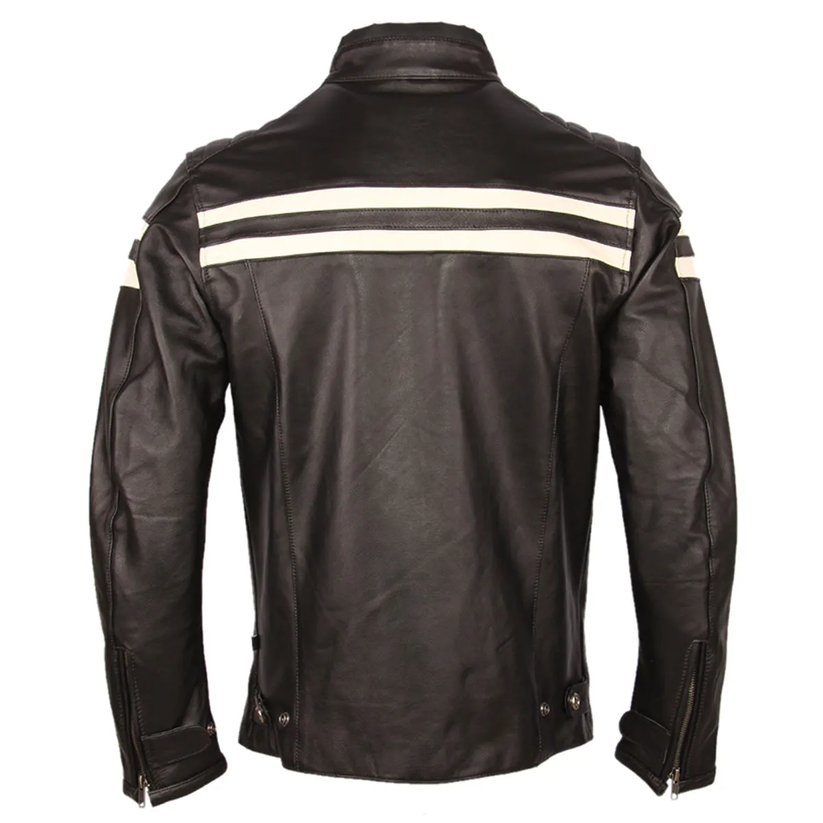 Men's Stylish Cafe Racer White Stripped Black Genuine Leather Jacket