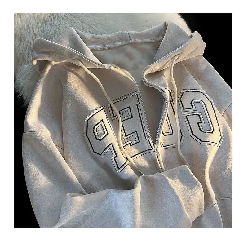 Metaversmall Letter Spell Color Casual Female Sweatshirts Winter Loose Zip-up O-neck Simple Women's Hoodies Fashion Streetwear Hoodie