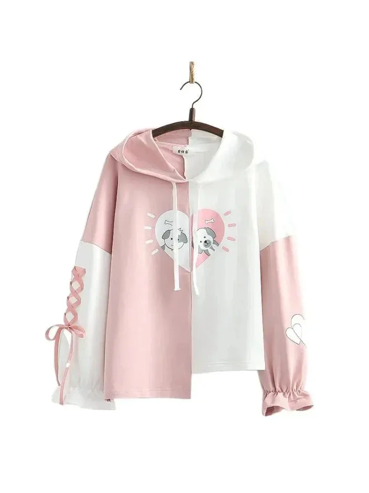 Metaversmall Pink Patchwork Cotton Hoodies For Women Summer Harajuku Cartoon Print Lace Up Hooded Sweatshirt Sweet Style Ladie Daily Top