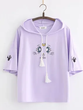 Metaversmall Purple Cartoon Embroidery Kawaii Hoodies Cotton Hooded Sweatshirt Women Summer Sweet Style Korean Female Short Sleeve Tops