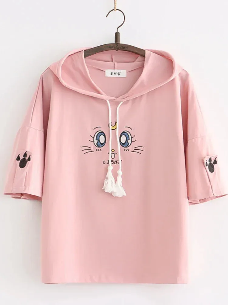 Metaversmall Purple Cartoon Embroidery Kawaii Hoodies Cotton Hooded Sweatshirt Women Summer Sweet Style Korean Female Short Sleeve Tops