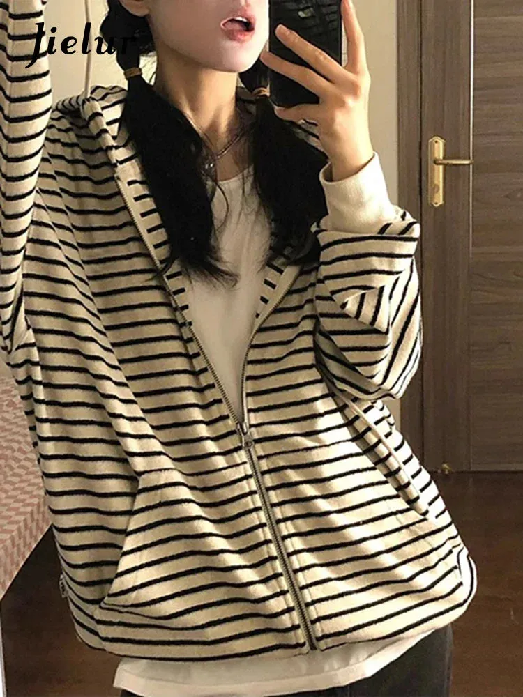 Metaversmall Spell Color Striped Chic Drawstring Loose Female Hoodies Autumn Basic Simple Casual O-neck Fashion Zipper Women Hoodies