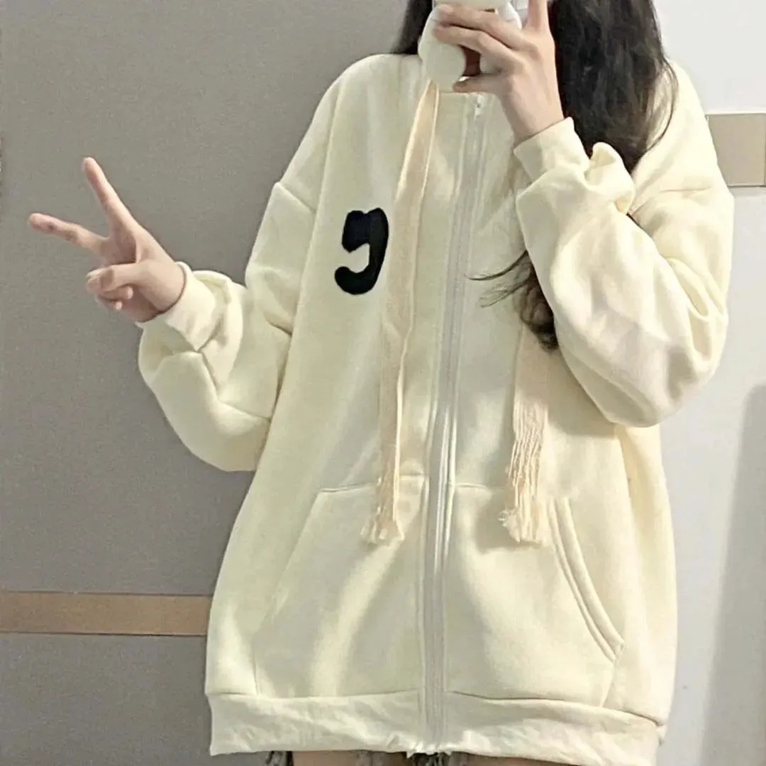 Metaversmall Winter Simple Apricot Women's Hoodies Spell Color Zip-up Pockets Drawstring Fashion Female Streetwear Basic Chic Hoodie