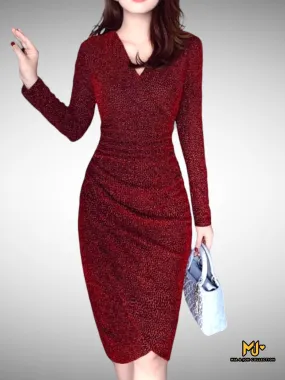 MJV1731  Red Long Sleeve Wrap Bodycon Dress