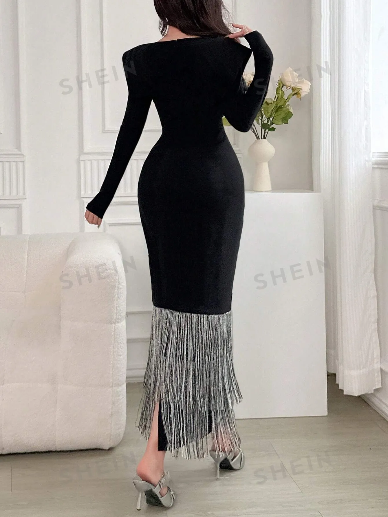 Modely Women's Splice Tassel Hem Fitted Elegant Maxi Arabic Style Dress