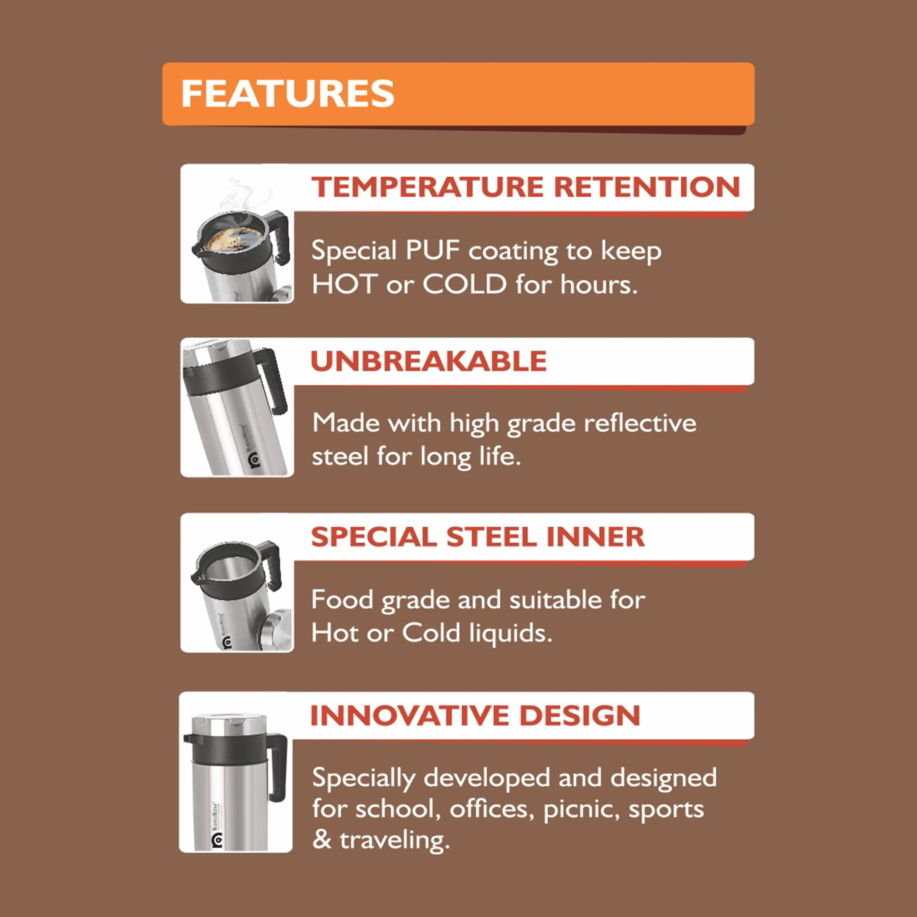 NanoNine T-Pot 1 L Double Wall Insulated Stainless Steel Flask.