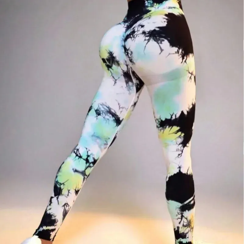 New Tie Dyed Peach Hip Yoga Pants Quick Dry Tight High Waist Semaless Leggings Hip Lifting Running Outdoor Fitness Pants