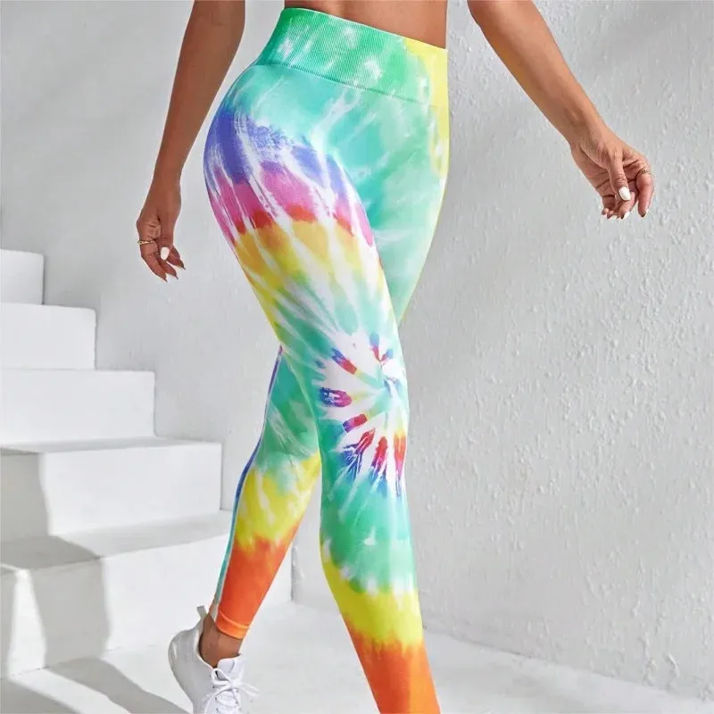 New Tie Dyed Peach Hip Yoga Pants Quick Dry Tight High Waist Semaless Leggings Hip Lifting Running Outdoor Fitness Pants