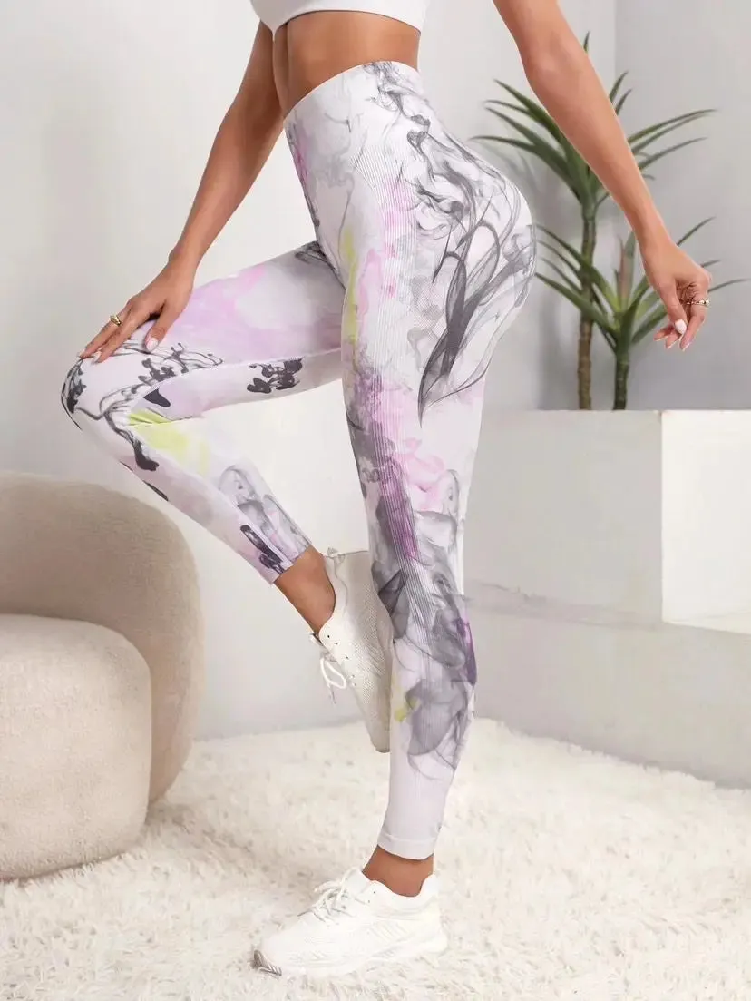 New Tie Dyed Peach Hip Yoga Pants Quick Dry Tight High Waist Semaless Leggings Hip Lifting Running Outdoor Fitness Pants