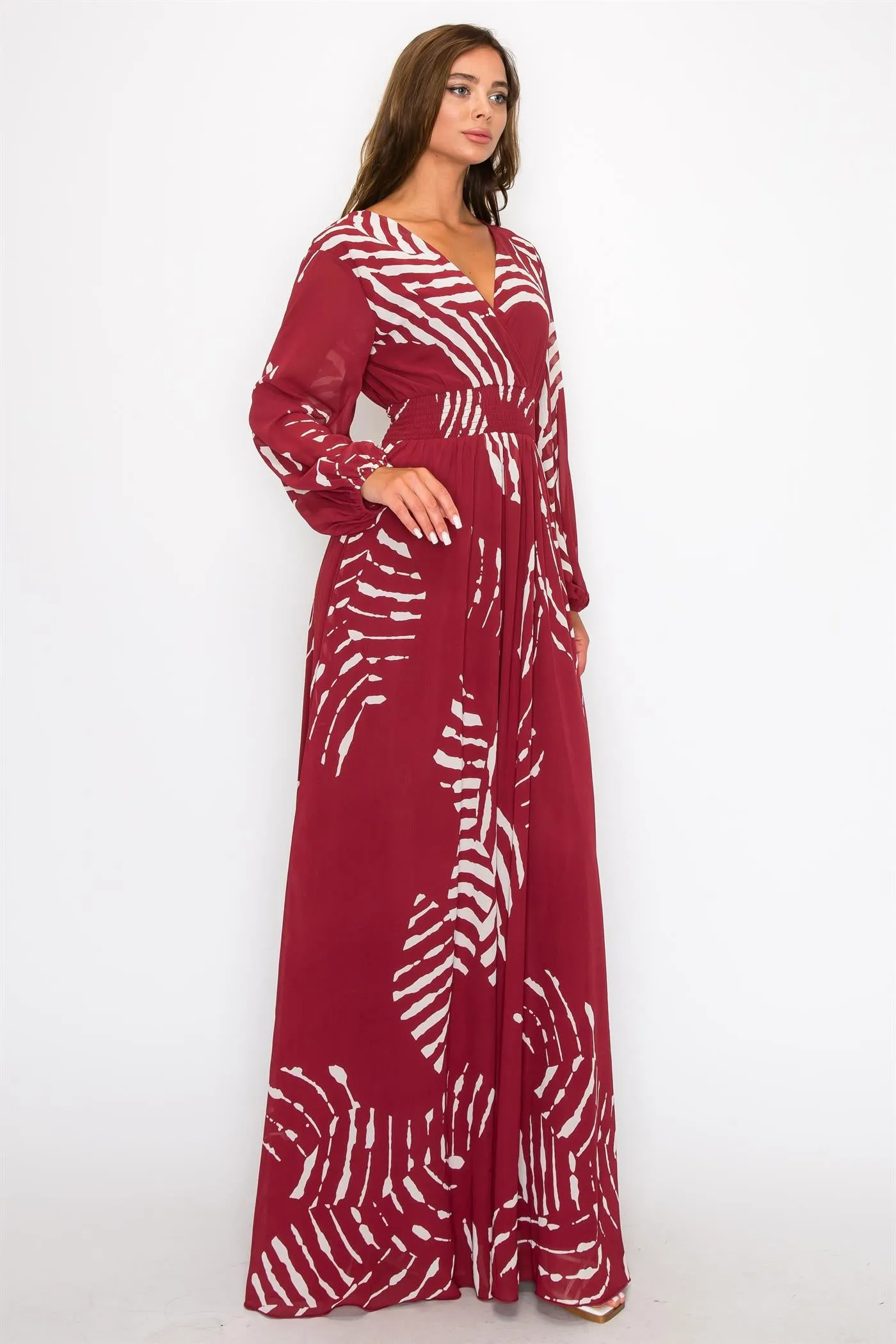 OL24A098-Chiffon Print Wrap V-Neck Maxi Dress