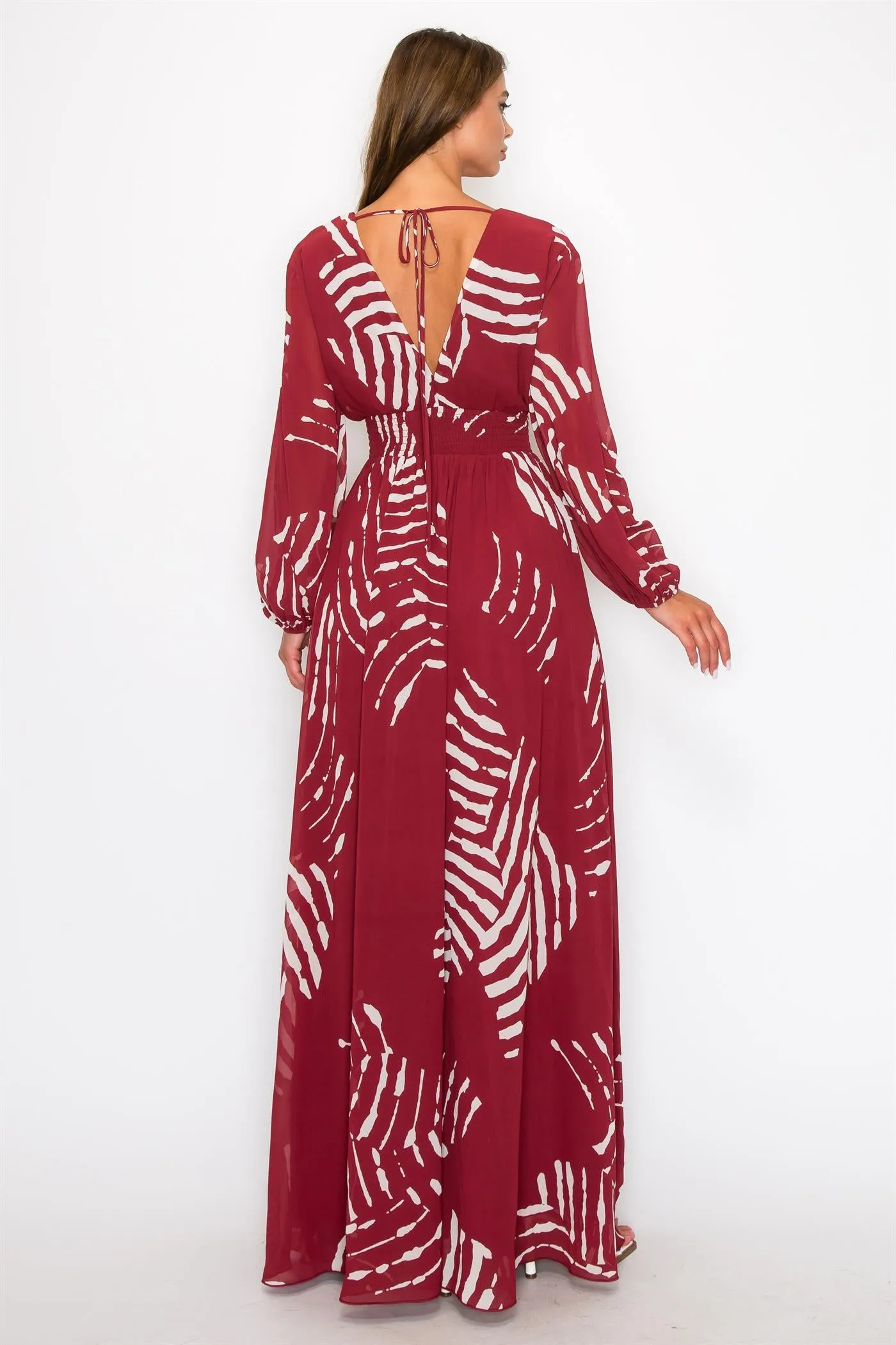 OL24A098-Chiffon Print Wrap V-Neck Maxi Dress