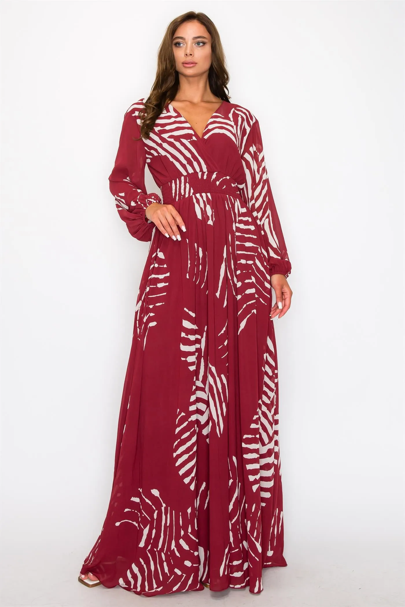 OL24A098-Chiffon Print Wrap V-Neck Maxi Dress