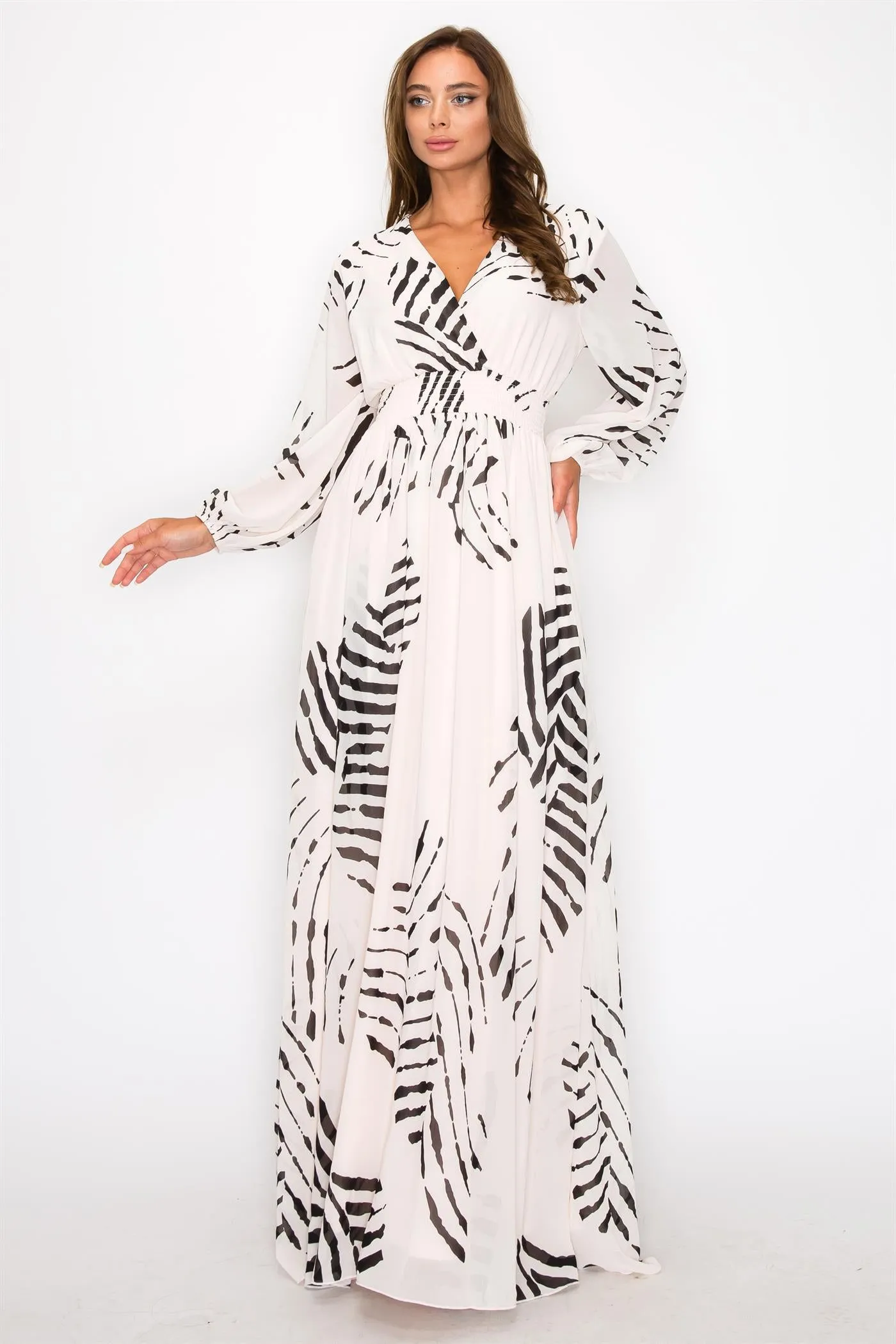 OL24A098-Chiffon Print Wrap V-Neck Maxi Dress