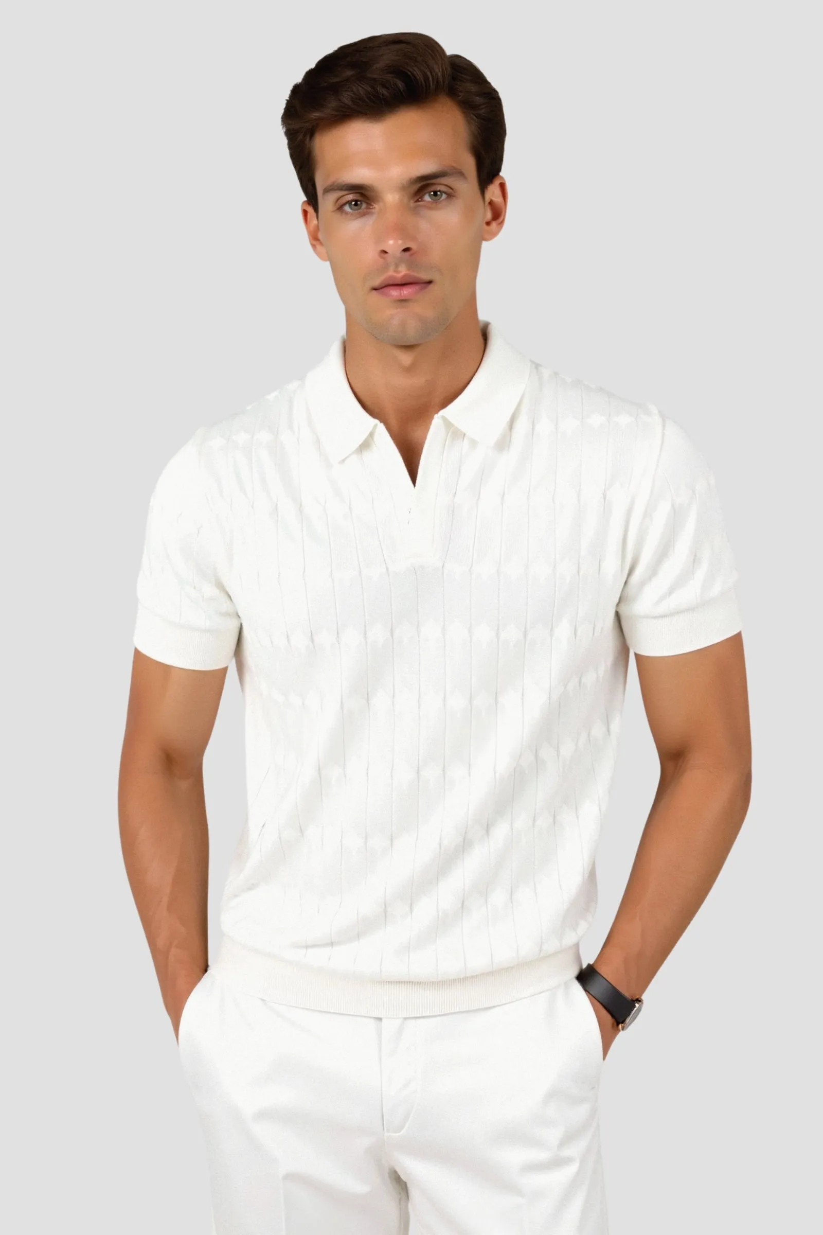 Old Money Premium V-Neck Cable Knit Polo T-Shirt