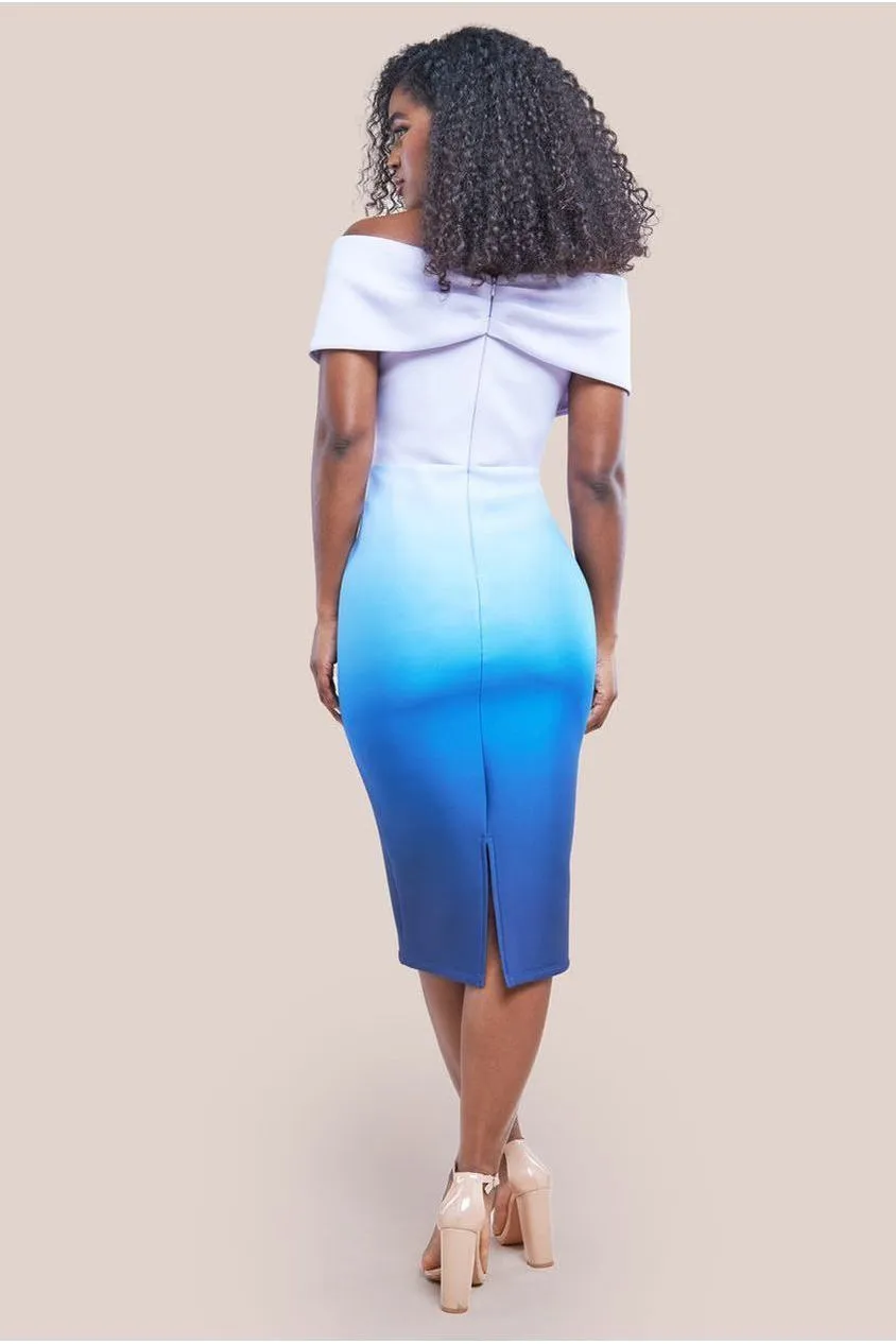 Ombre Front Wrap Bardot Midi Dress - Light Blue by Goddiva