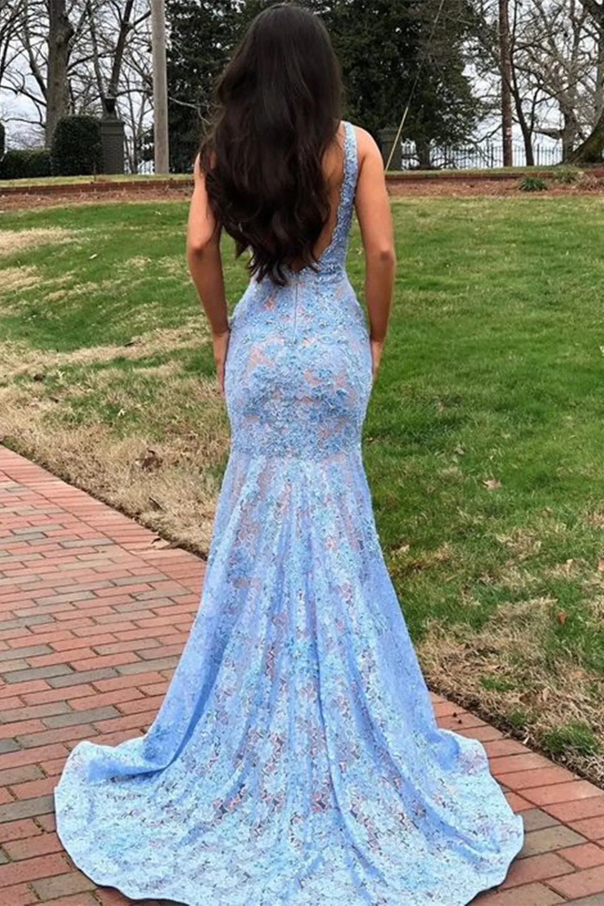 Open Back V Neck Mermaid Blue Lace Long Prom Dress, Mermaid Blue Formal Dress, Blue Lace Evening Dress A1713