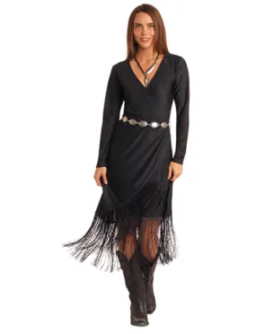 Panhandle Women's Black Shimmer Fringe Long Sleeve Wrap Dress LWD9R05178