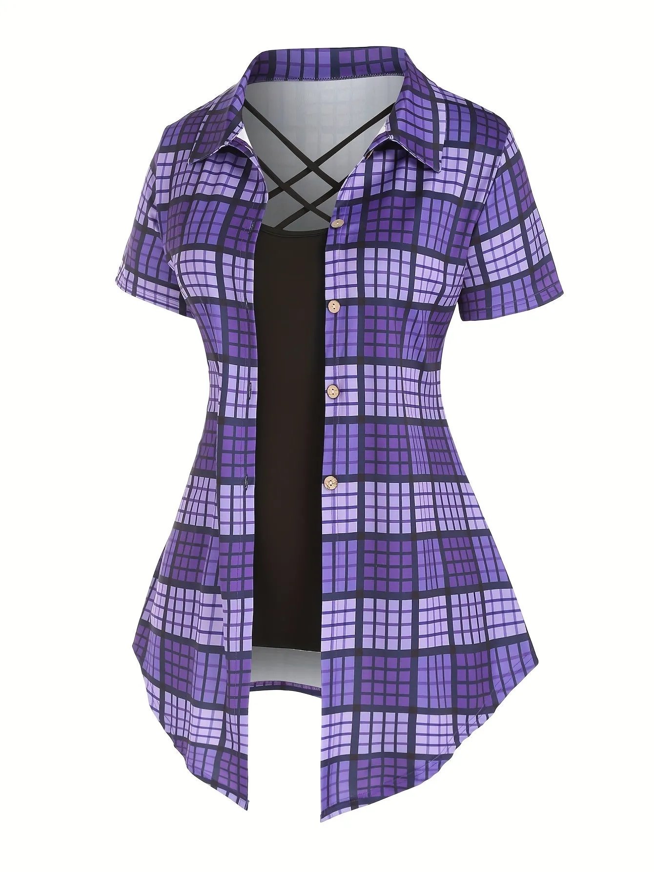 Plus Size Plaid Two-Piece Set - Turn Down Collar High Waist Short Sleeve Bandana Hem T-shirt & Criss Cross Cami Top Ensemble for Casual Style