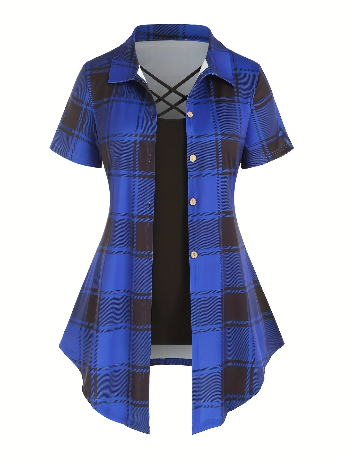 Plus Size Plaid Two-Piece Set - Turn Down Collar High Waist Short Sleeve Bandana Hem T-shirt & Criss Cross Cami Top Ensemble for Casual Style