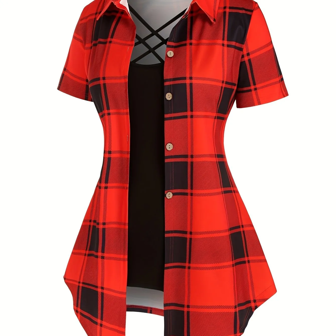 Plus Size Plaid Two-Piece Set - Turn Down Collar High Waist Short Sleeve Bandana Hem T-shirt & Criss Cross Cami Top Ensemble for Casual Style