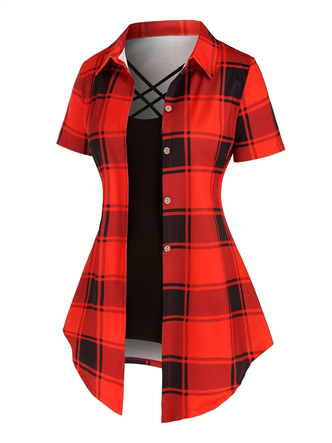 Plus Size Plaid Two-Piece Set - Turn Down Collar High Waist Short Sleeve Bandana Hem T-shirt & Criss Cross Cami Top Ensemble for Casual Style