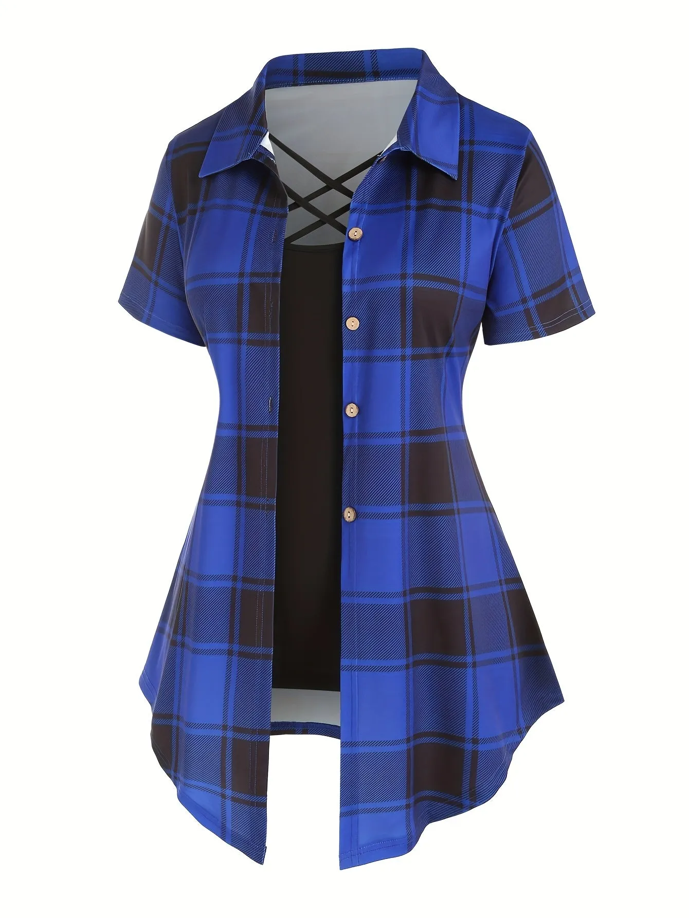 Plus Size Plaid Two-Piece Set - Turn Down Collar High Waist Short Sleeve Bandana Hem T-shirt & Criss Cross Cami Top Ensemble for Casual Style