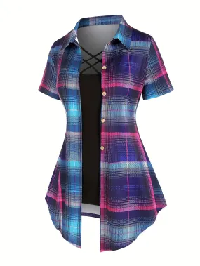 Plus Size Plaid Two-Piece Set - Turn Down Collar High Waist Short Sleeve Bandana Hem T-shirt & Criss Cross Cami Top Ensemble for Casual Style