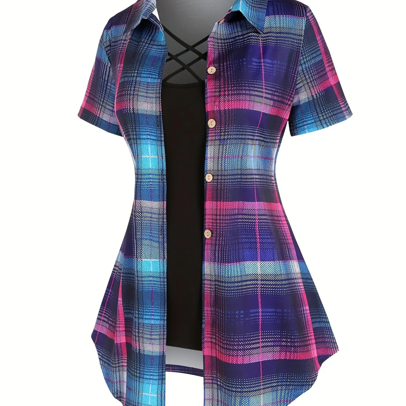 Plus Size Plaid Two-Piece Set - Turn Down Collar High Waist Short Sleeve Bandana Hem T-shirt & Criss Cross Cami Top Ensemble for Casual Style