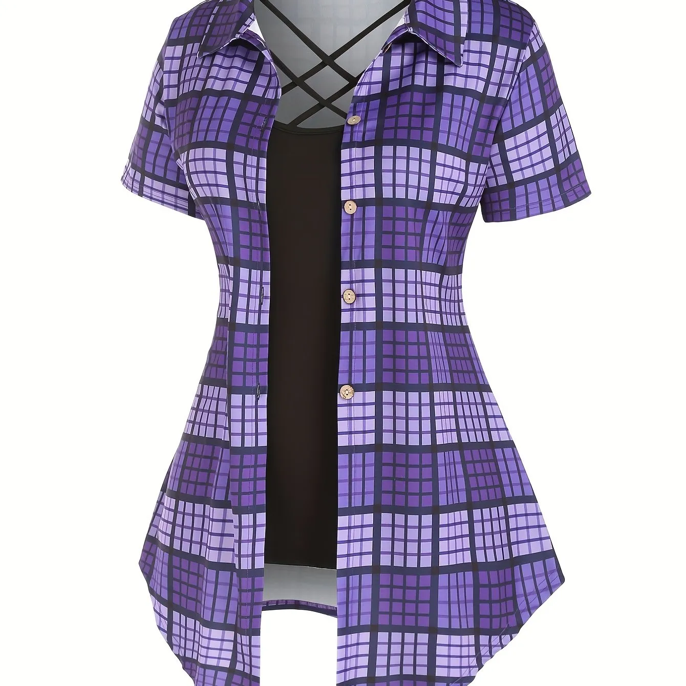 Plus Size Plaid Two-Piece Set - Turn Down Collar High Waist Short Sleeve Bandana Hem T-shirt & Criss Cross Cami Top Ensemble for Casual Style