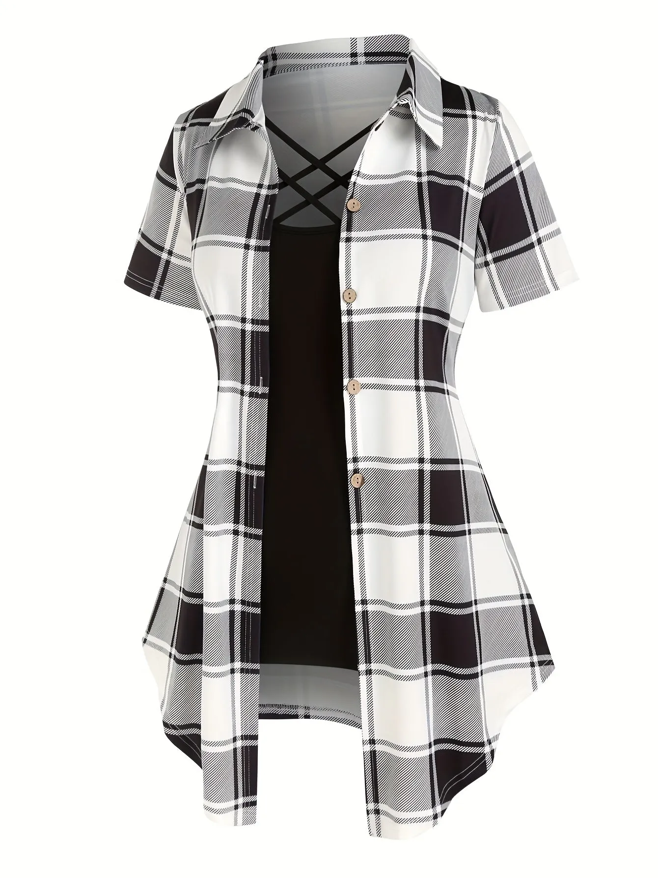 Plus Size Plaid Two-Piece Set - Turn Down Collar High Waist Short Sleeve Bandana Hem T-shirt & Criss Cross Cami Top Ensemble for Casual Style