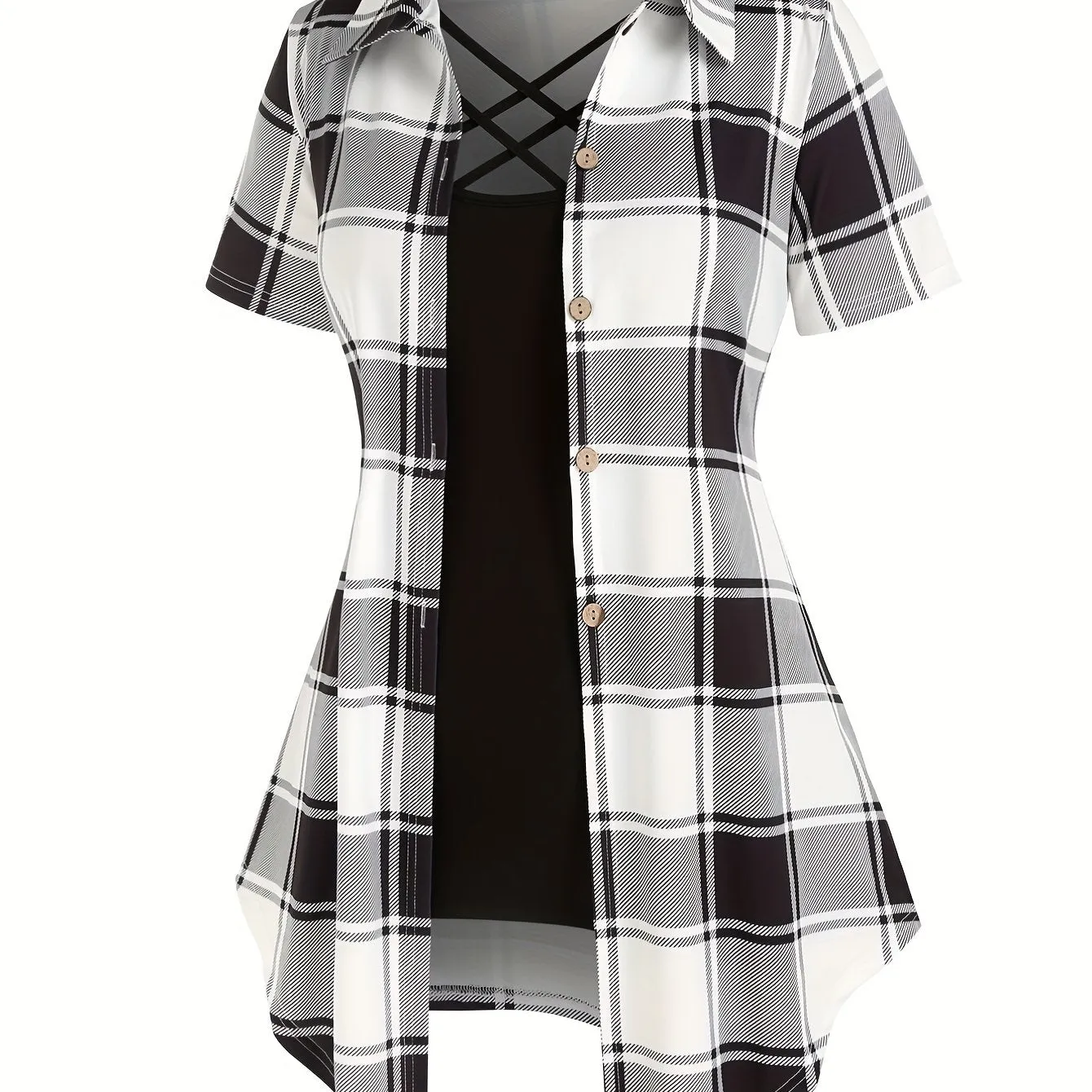 Plus Size Plaid Two-Piece Set - Turn Down Collar High Waist Short Sleeve Bandana Hem T-shirt & Criss Cross Cami Top Ensemble for Casual Style