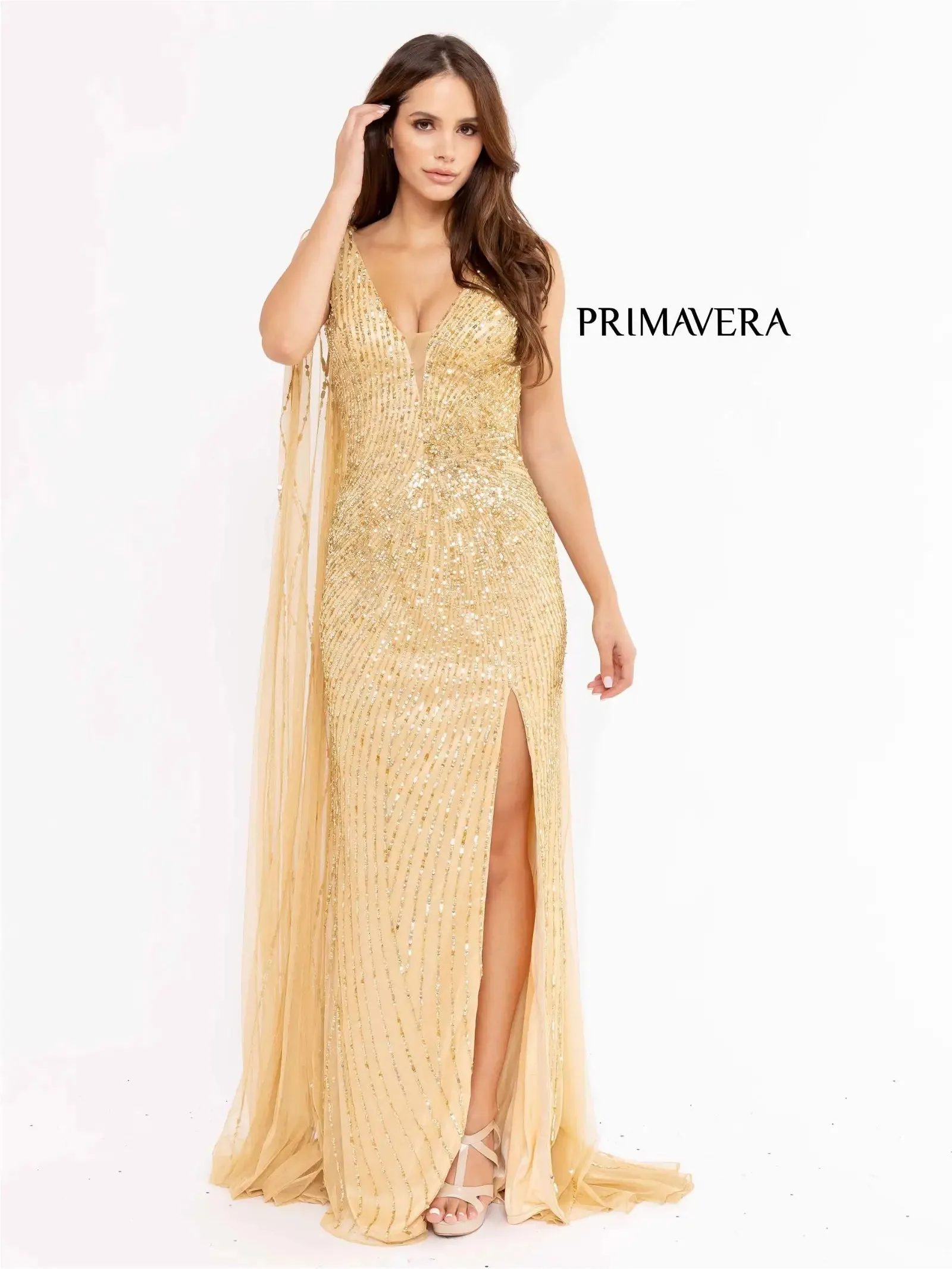 Primavera Couture 3971 Long Fitted Beaded Sequin Formal Pageant Dress Prom Gown Cape