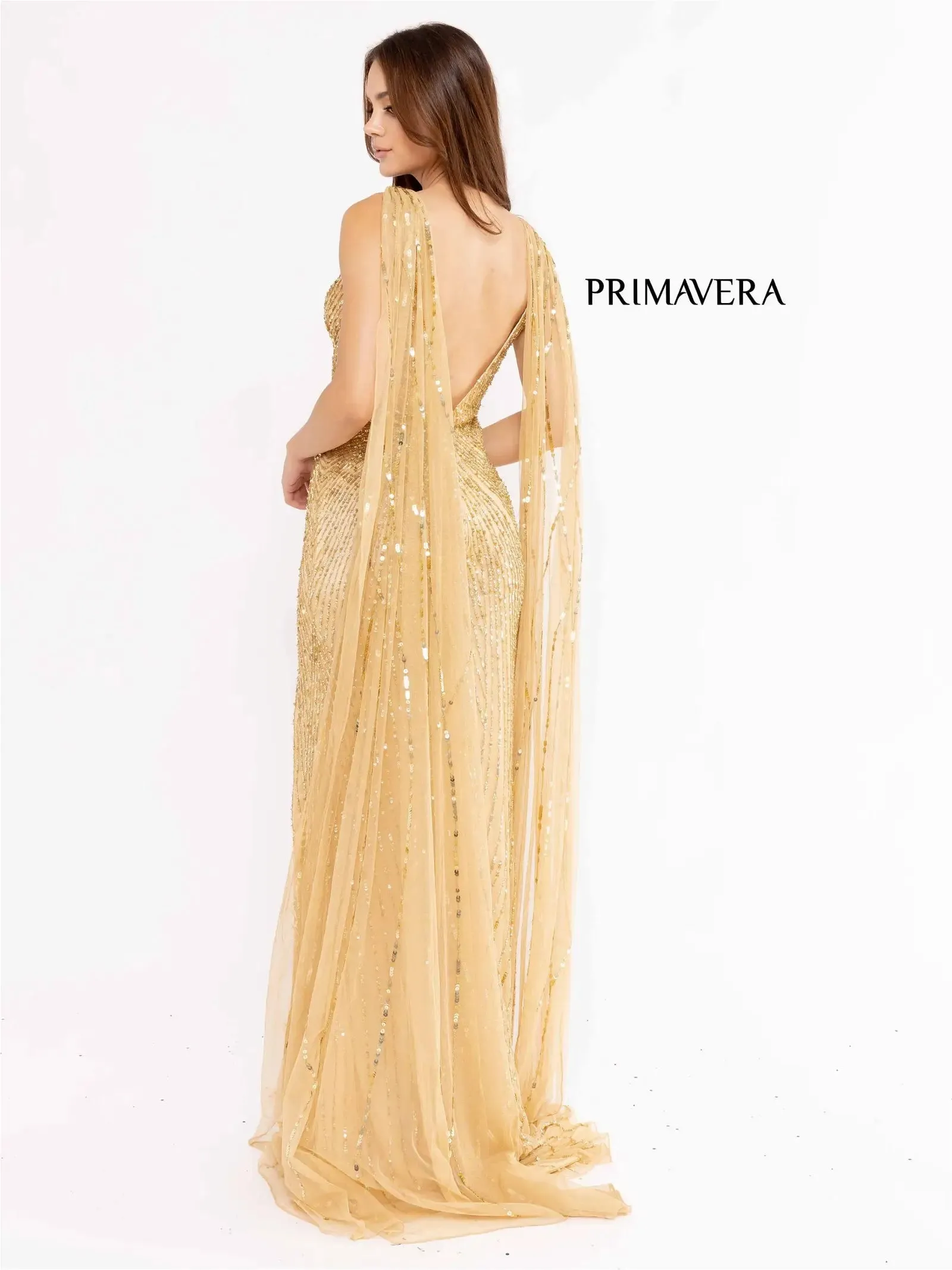 Primavera Couture 3971 Long Fitted Beaded Sequin Formal Pageant Dress Prom Gown Cape