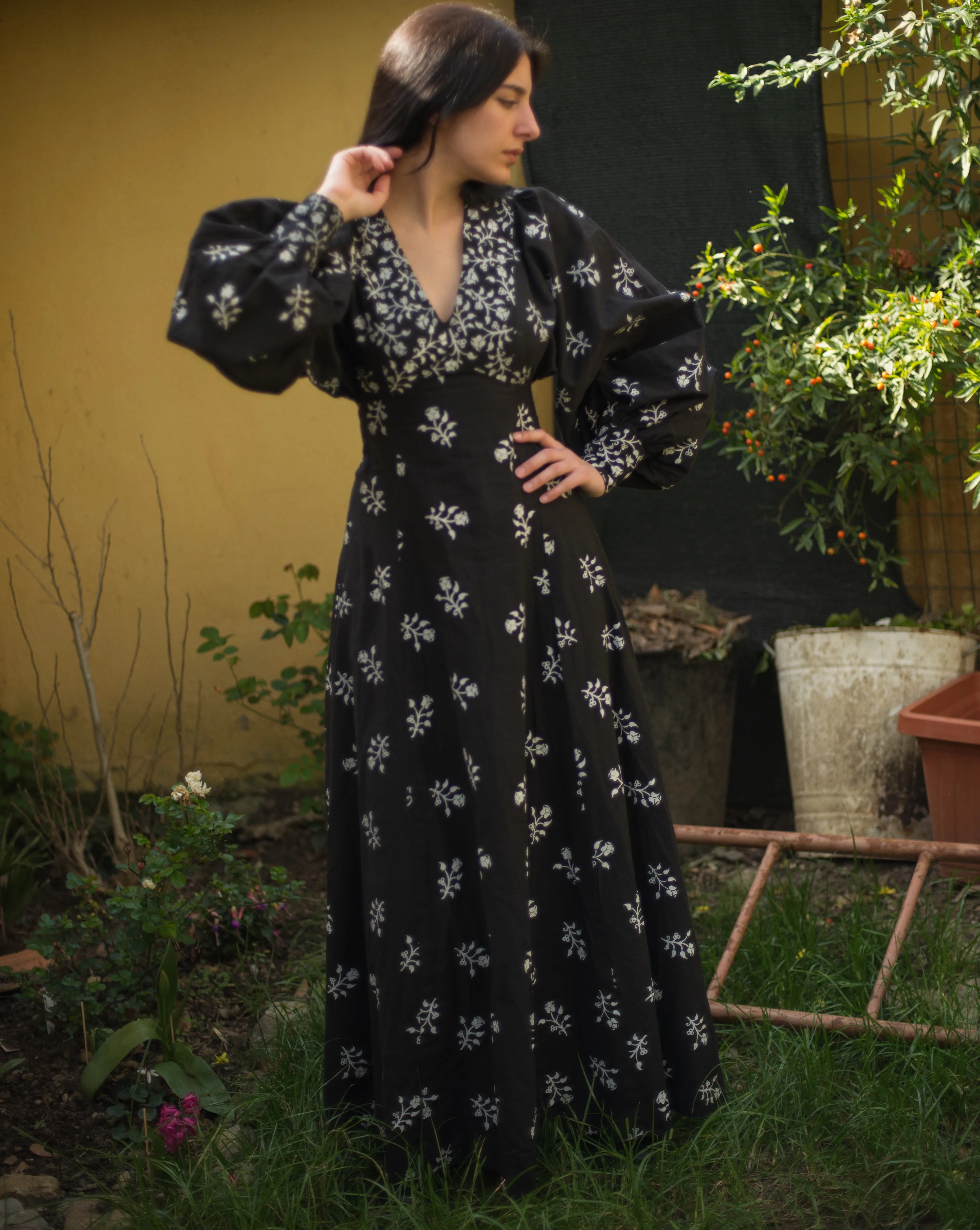 Rare 1970s London Mob barkcloth voluminous sleeve full length maxi dress, s-m